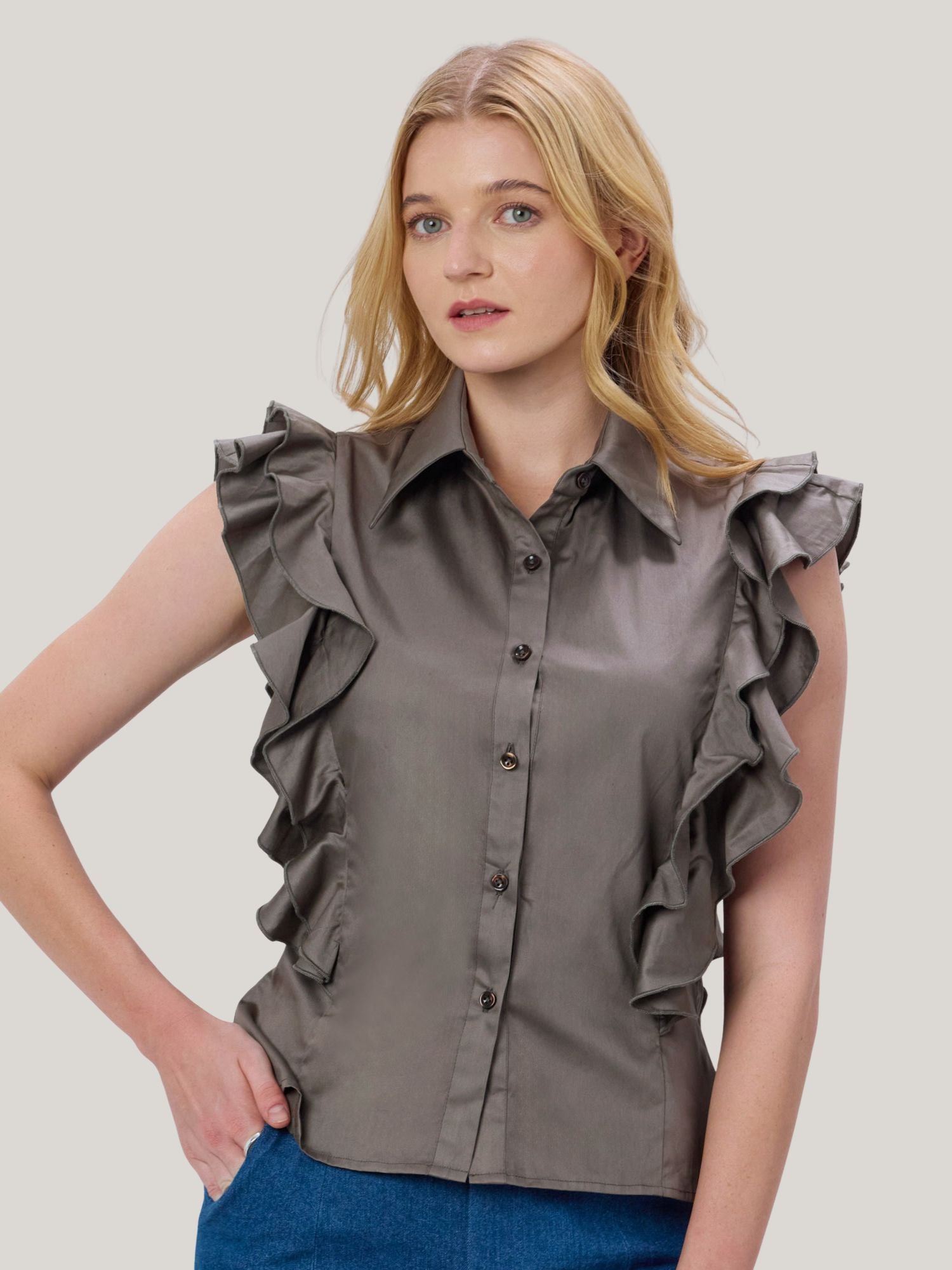 CHARCOAL GREY COTTON RUFFLE SHIRT