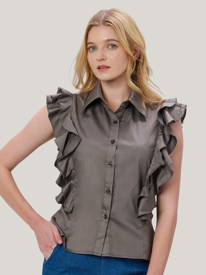 CHARCOAL GREY COTTON RUFFLE SHIRT