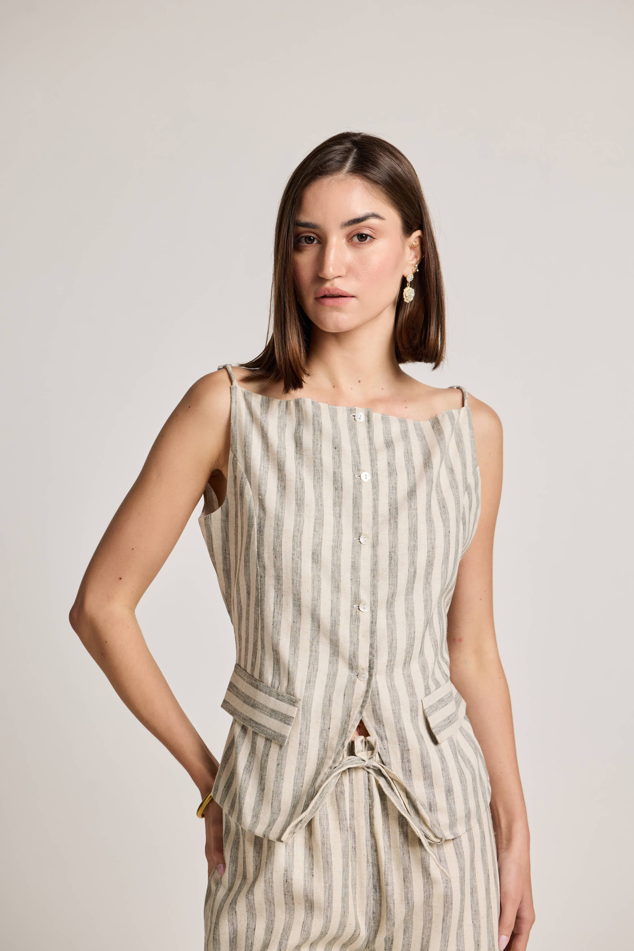 Green and White Striped Linen Waistcoat