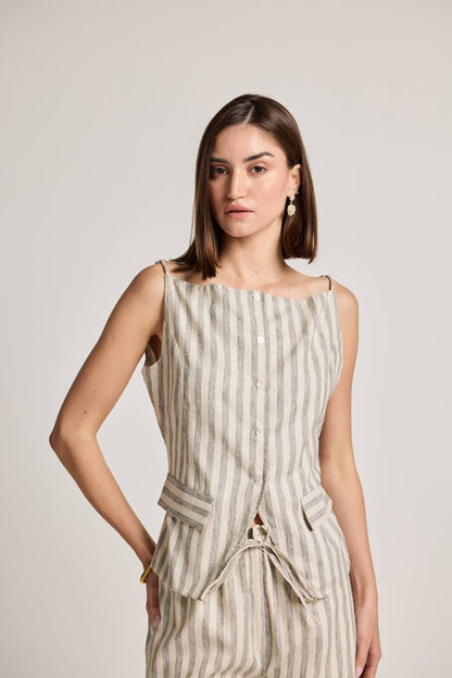 Green and White Striped Linen Waistcoat