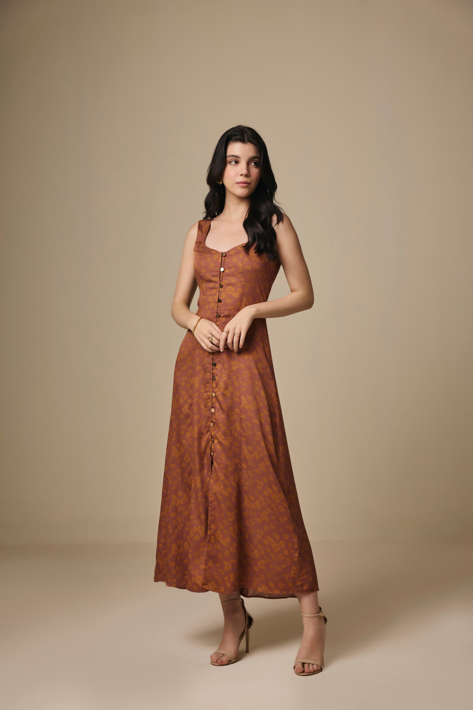 Fall Floral Printed Viscose Square Neck  Maxi Dress