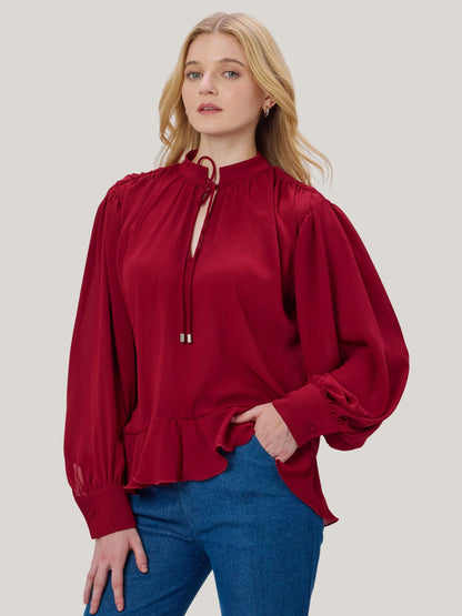 MAROON CHIFFON TIE-NECK TOP