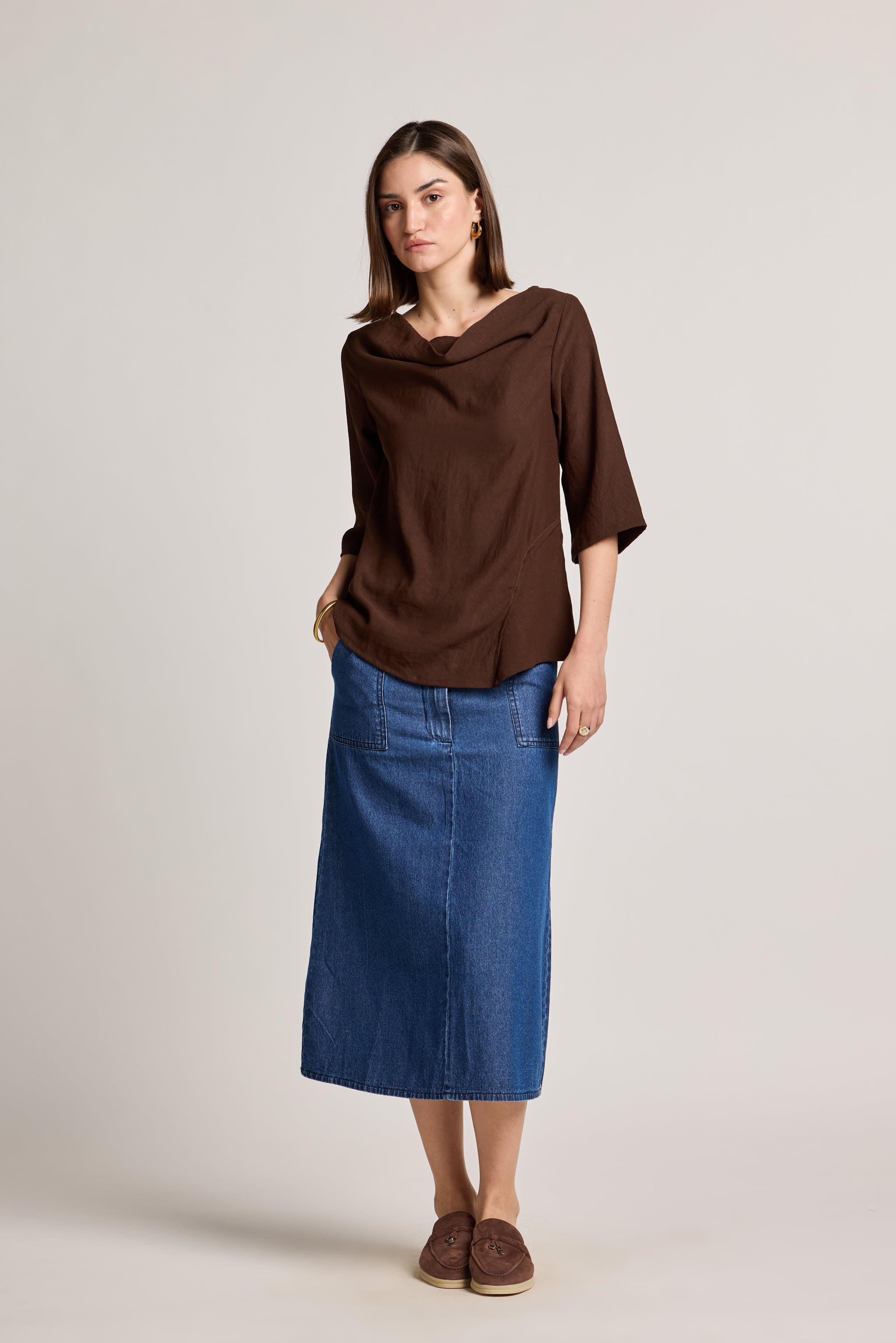 Indigo Button-Front Denim Midi Skirt