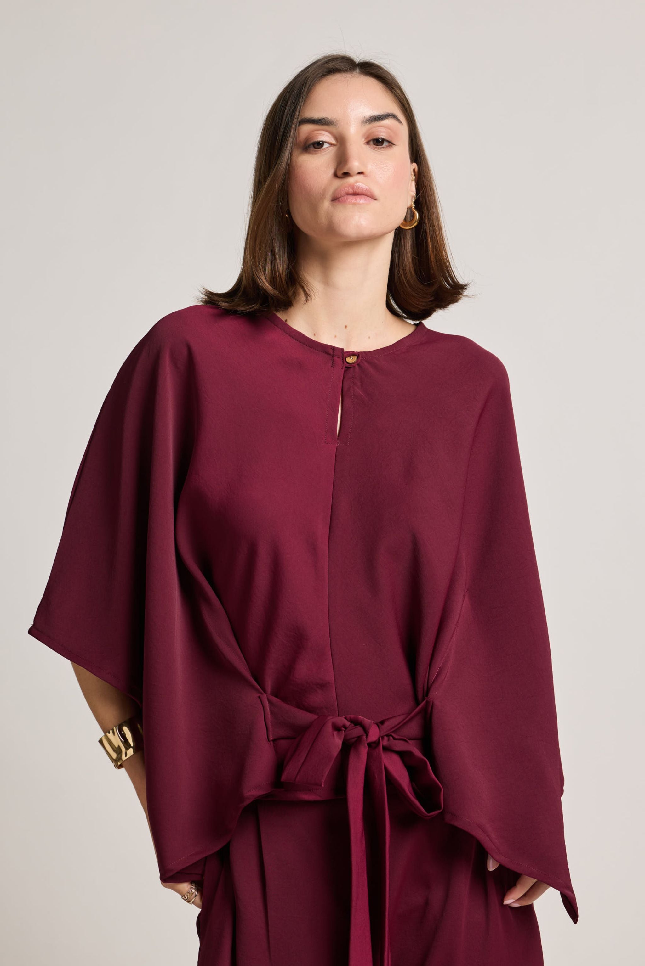 Maroon Tie-Waist Kimono Sleeve Top