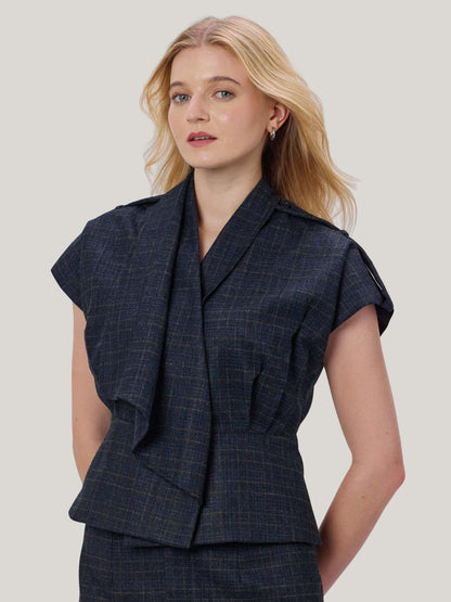 BLUE CHECKED WOOL TWEED TOP