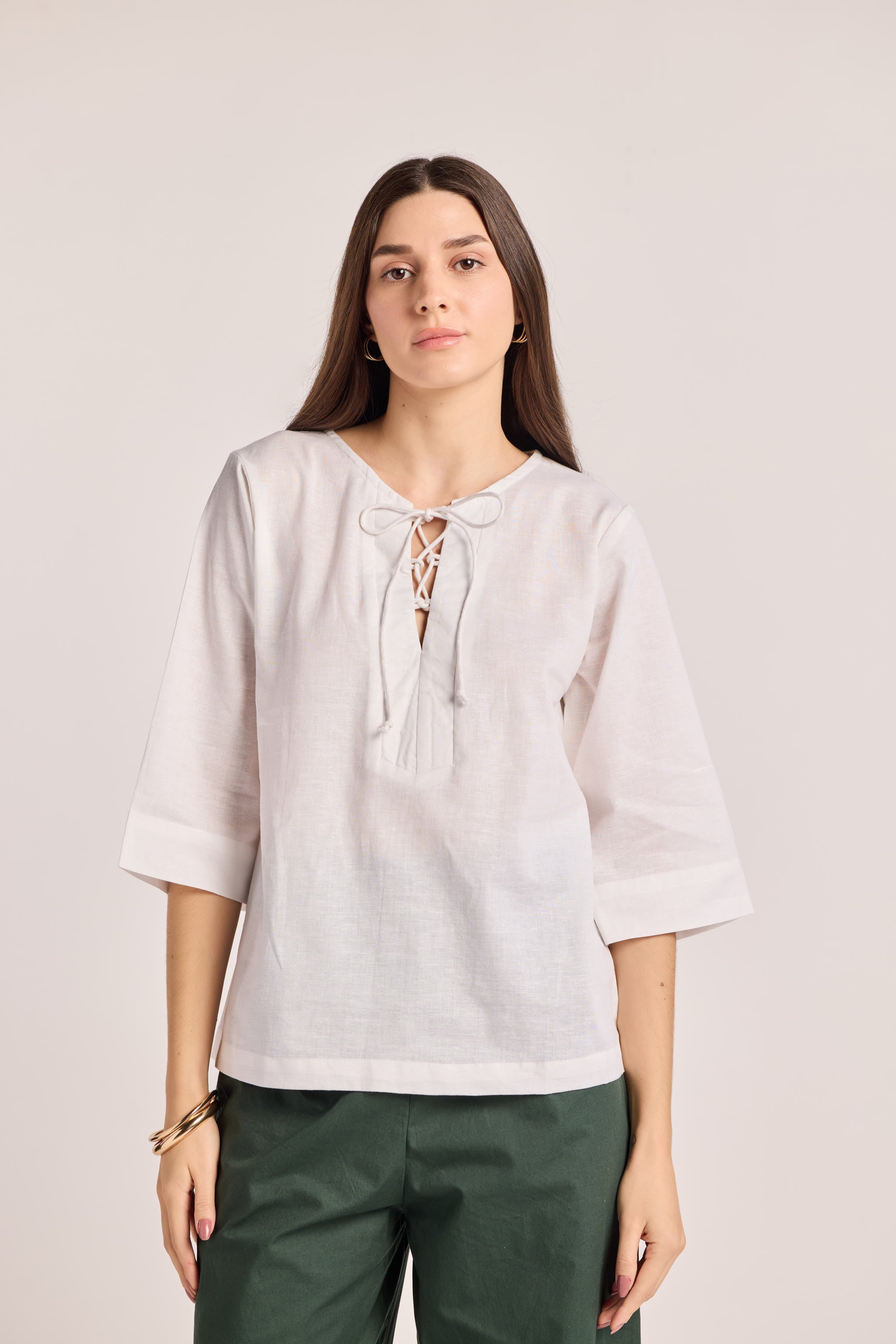 White Cotton Linen Drawstring Top