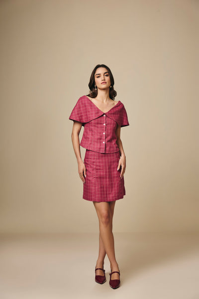 Pink and Cream Checked Cotton Short Skirt