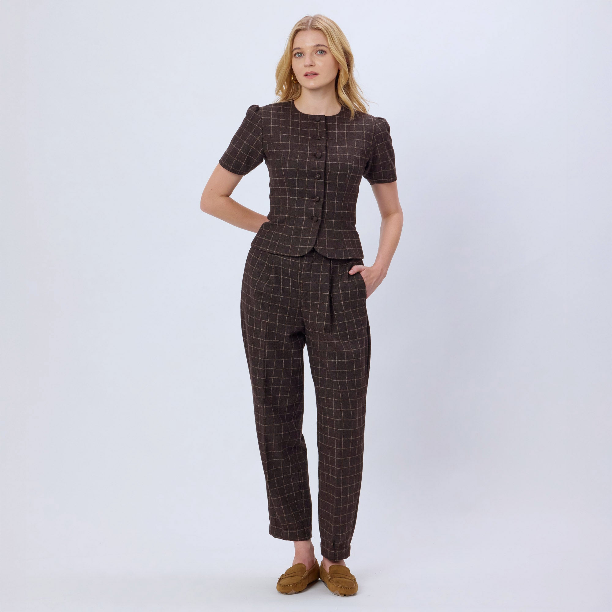 BROWN CHECKED WOOL TWEED PANTS