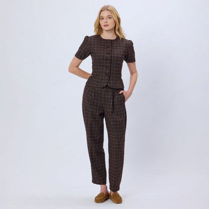 BROWN CHECKED WOOL TWEED PANTS