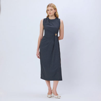 MIDNIGHT BLUE & WHITE STRIPED MIDI DRESS WITH BROOCH