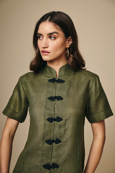 Olive Cotton Linen Mandarin Collar Top with Knot Button Detail