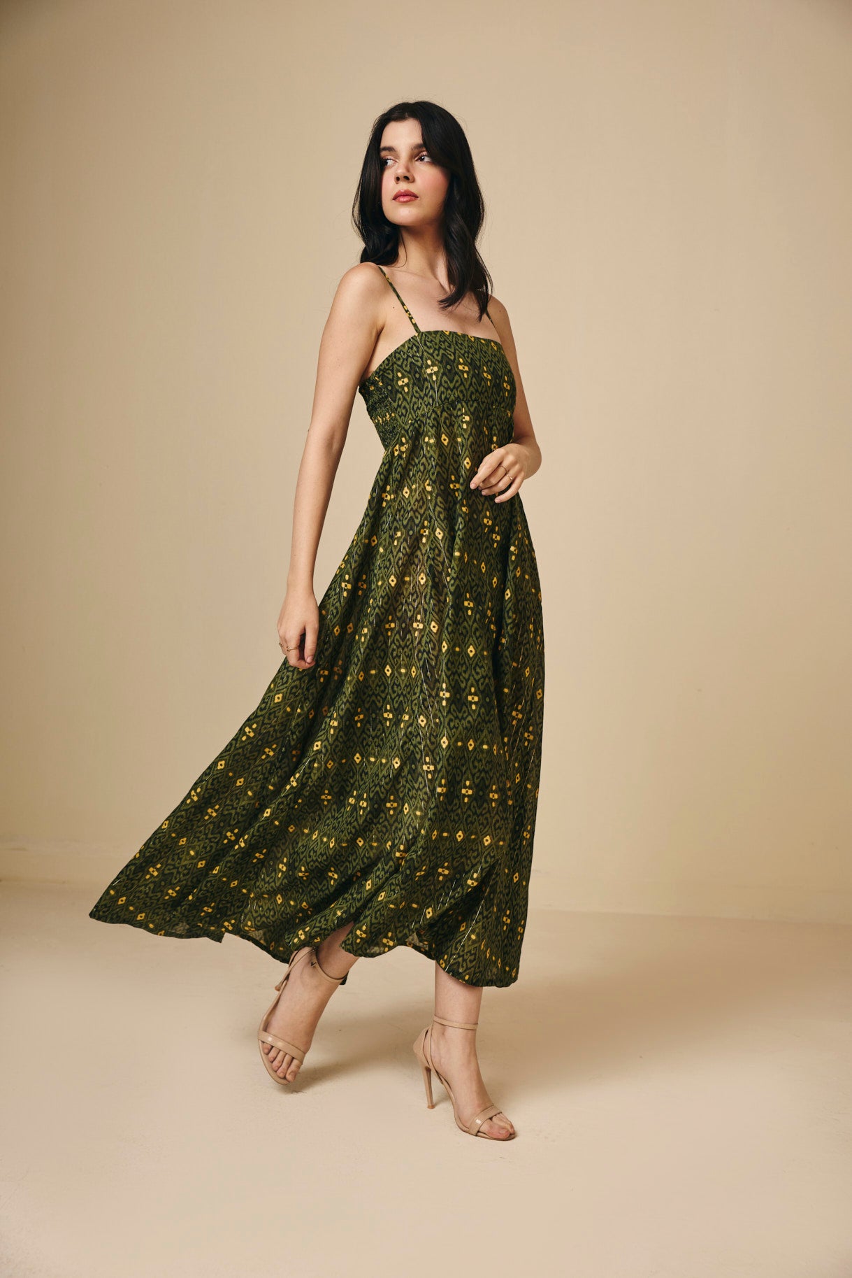 Green Printed Cotton Square Neck Maxi Dress