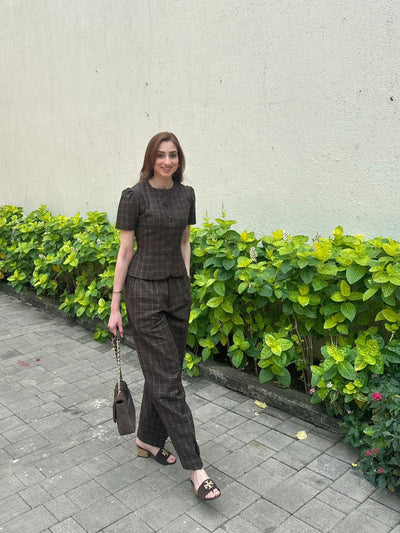 BROWN CHECKED TWEED PANTS