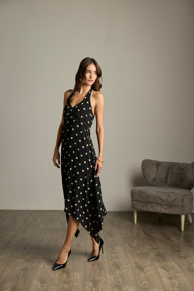 Black & Cream Polka Halter Maxi Dress