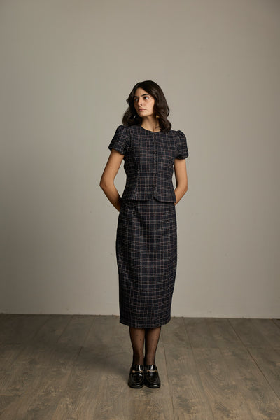 Blue & Black Checked Tweed Straight Midi Skirt