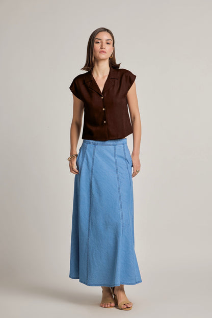 Brown Cotton Linen Short Shirt