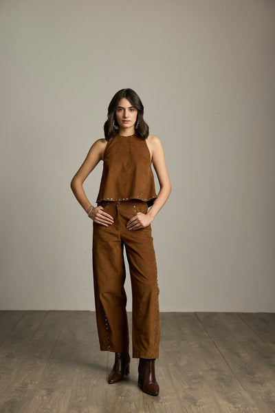 Brown Cotton Corduroy Studded Halter Top