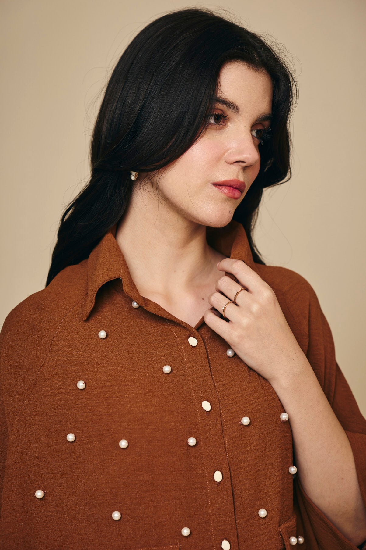 Rust Cotton Asymmetric Shirt with Pearl Detail