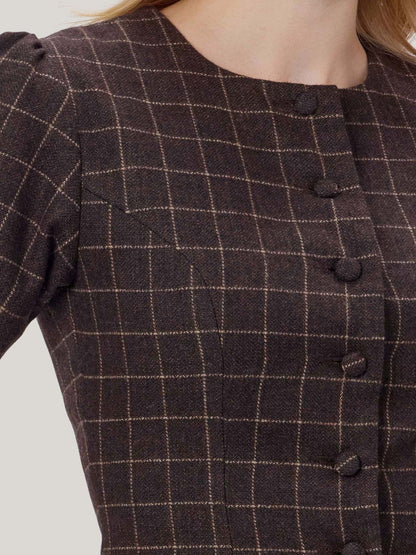 BROWN CHECKED WOOL TWEED TOP