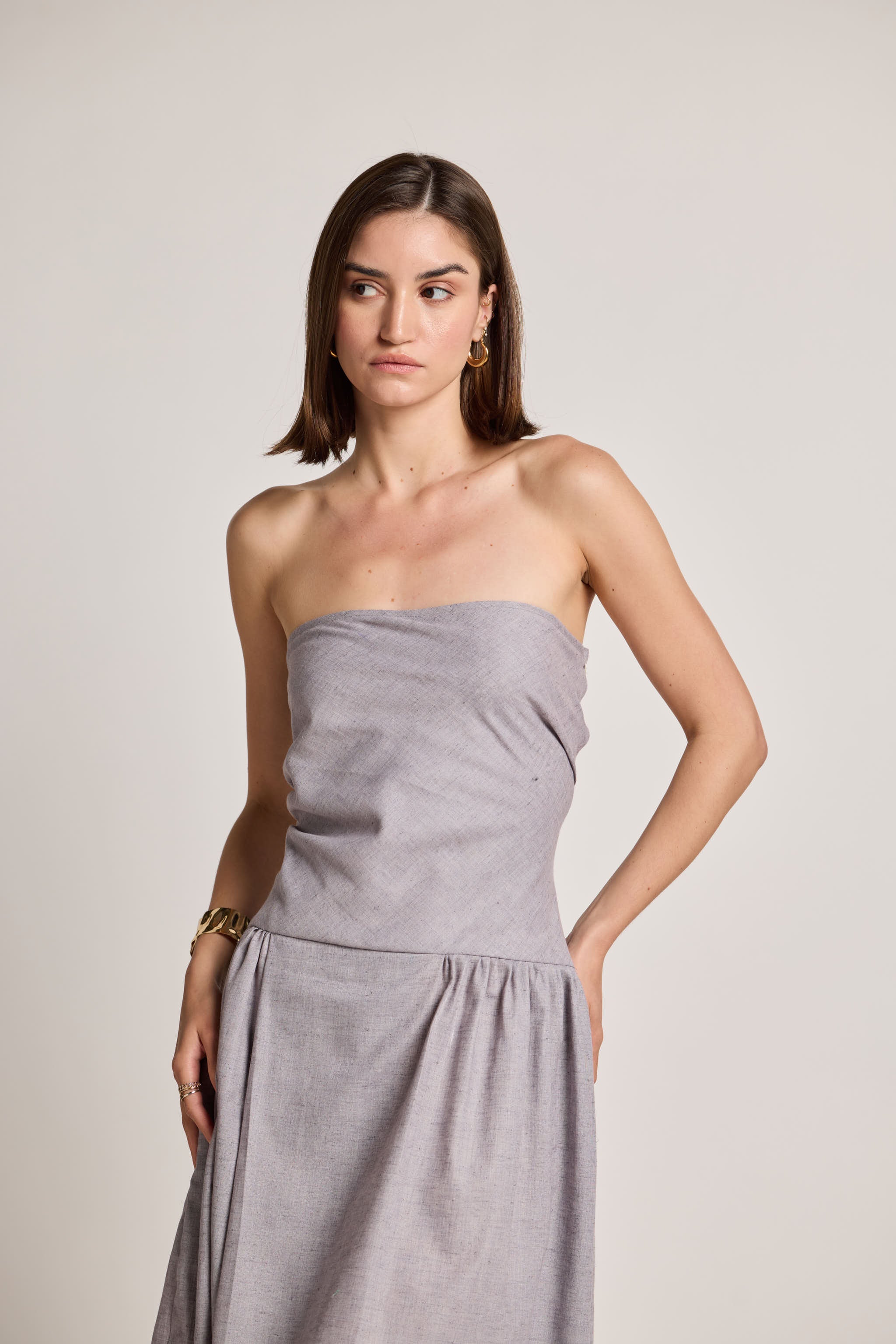 Light Grey Off-Shoulder Cotton Linen Midi Dress