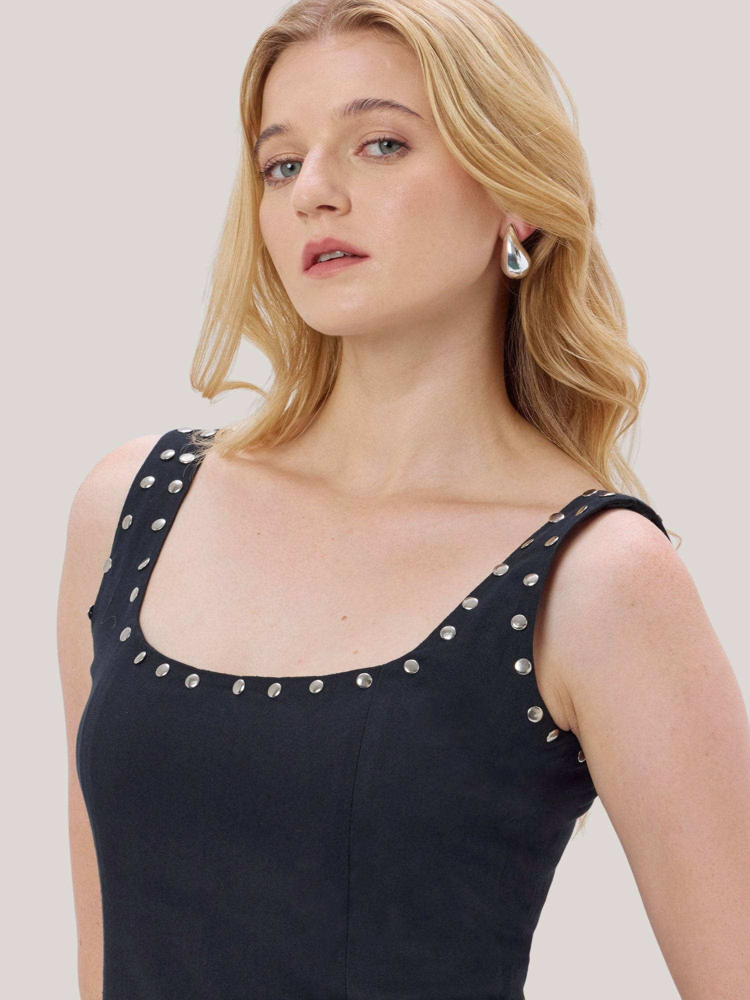 BLACK STUDDED COTTON BLEND MAXI DRESS