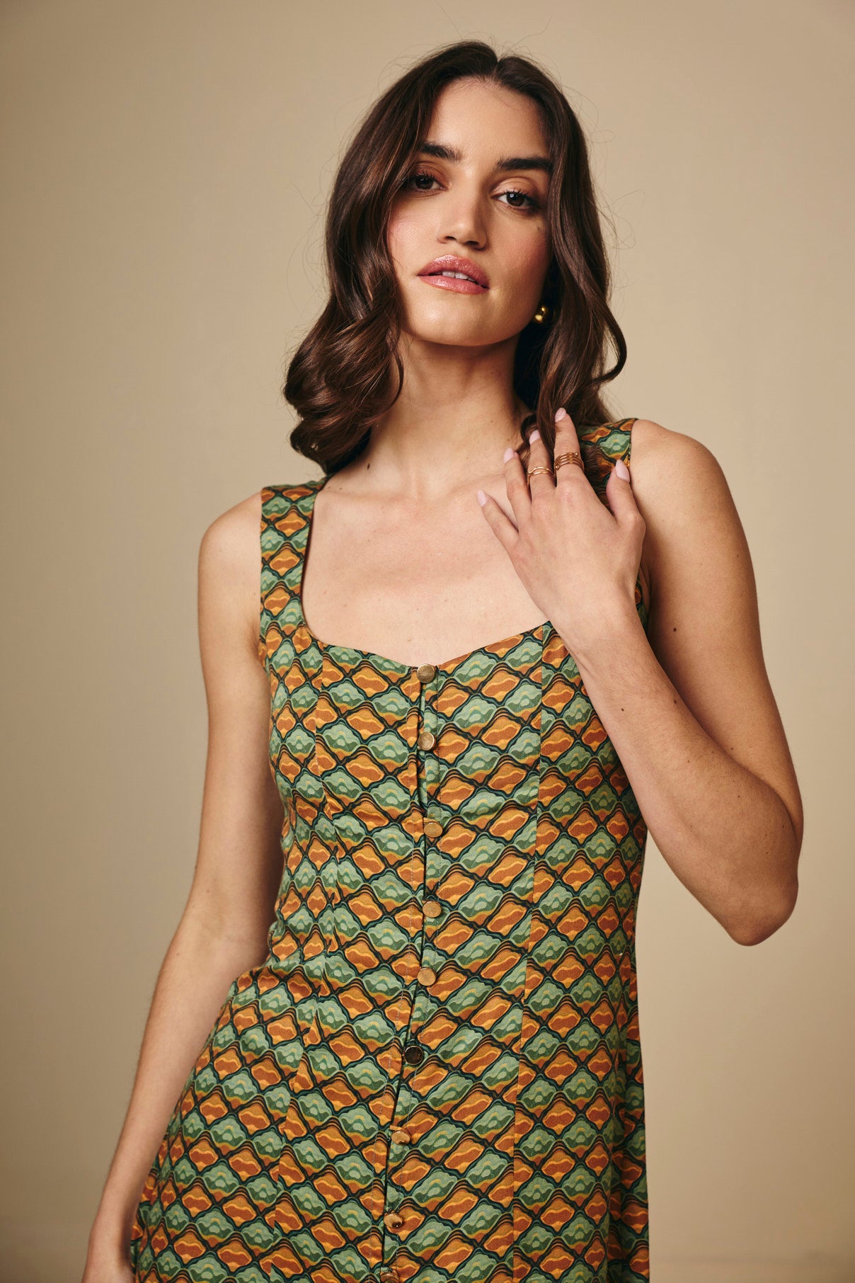 Earthy Geometric  Printed Square Neck Viscose Maxi Dress