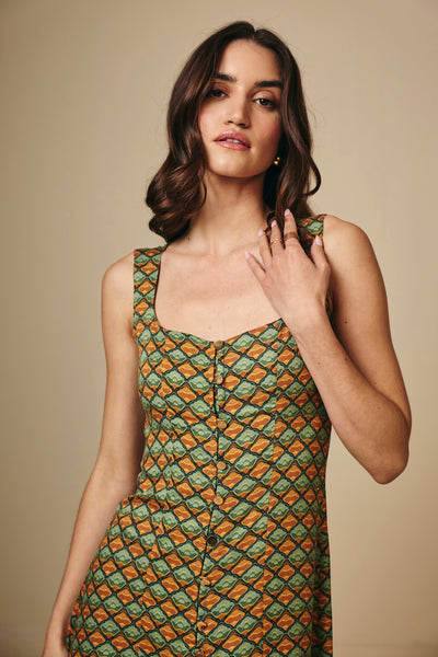 Earthy Geometric  Printed Square Neck Viscose Maxi Dress