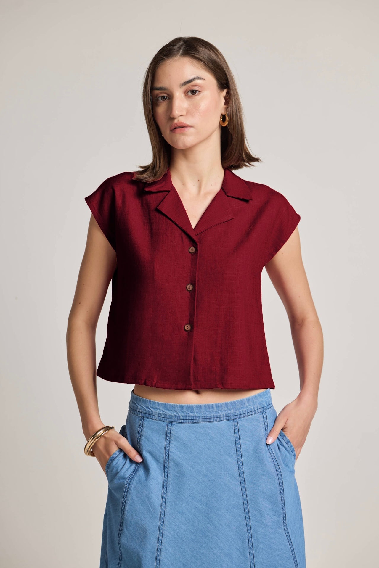 Red Cotton Linen Short Shirt