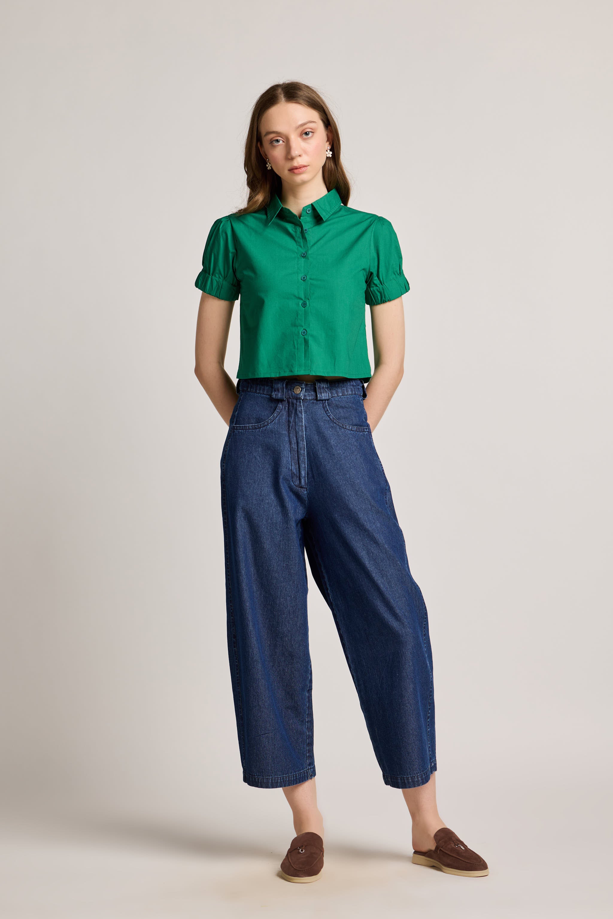 Cropped Green Puff Sleeve Shirt