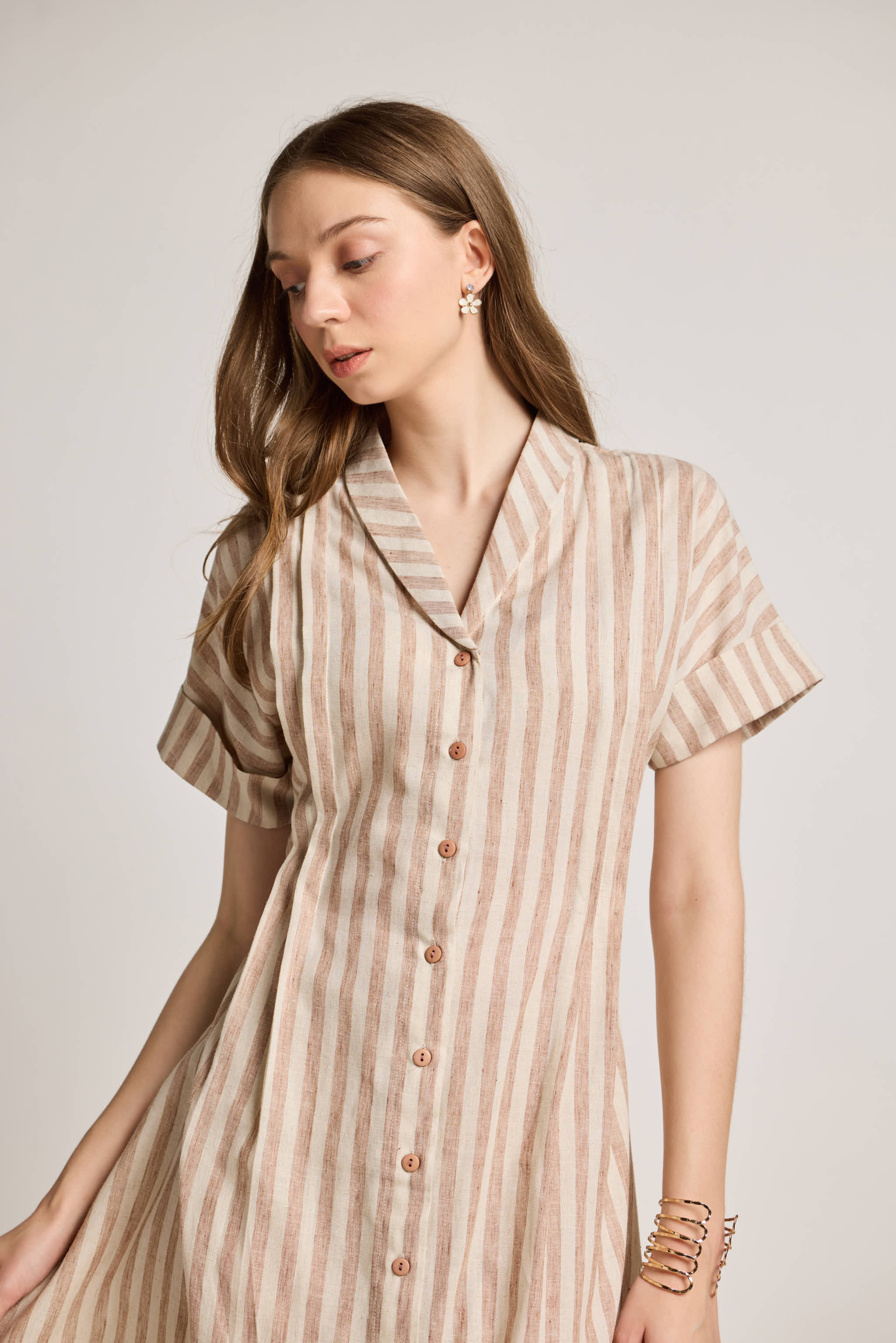 Beige and White Striped Linen Dress