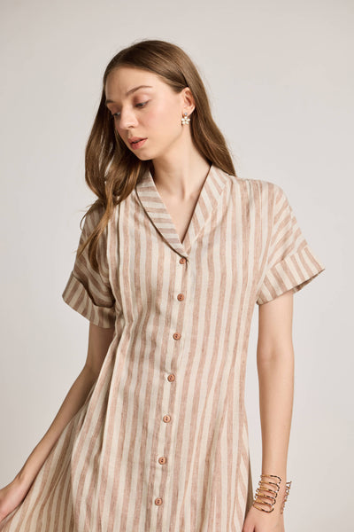 Beige and White Striped Linen Dress