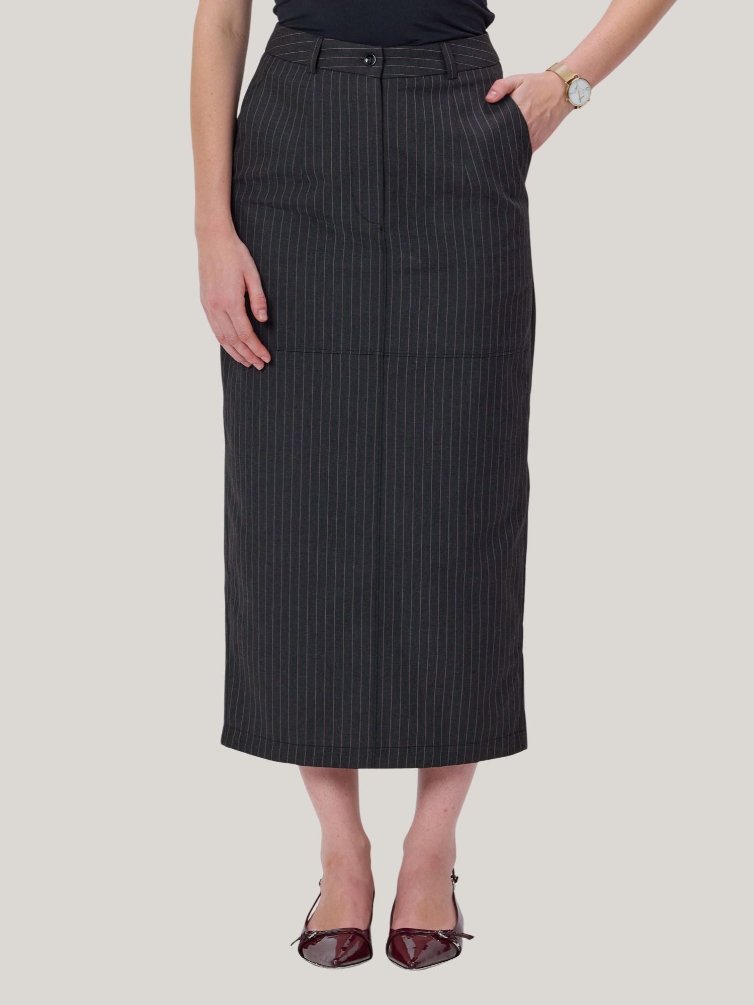 PINK AND GREY PINSTRIPE MIDI SKIRT