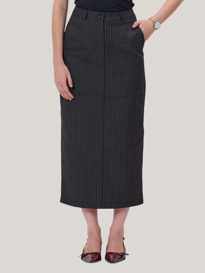 PINK AND GREY PINSTRIPE MIDI SKIRT