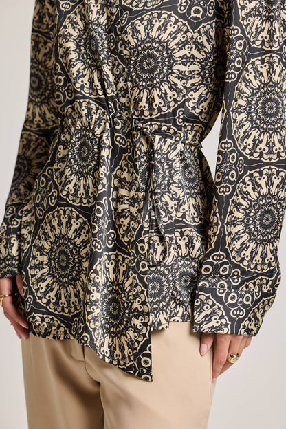 Mandala Black Printed Shirt with Waist Tie