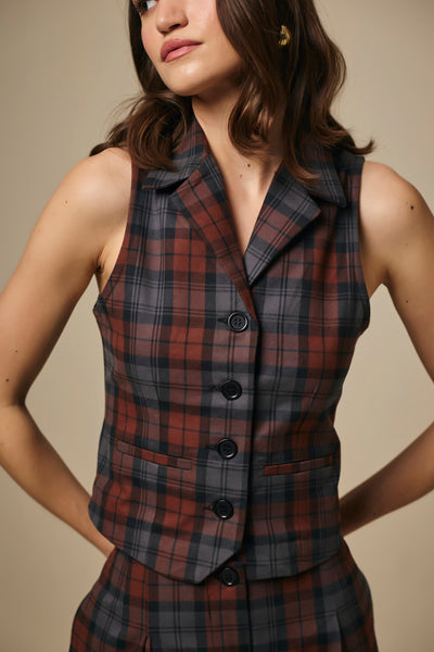 Brown and Blue Checked Cotton Waistcoat