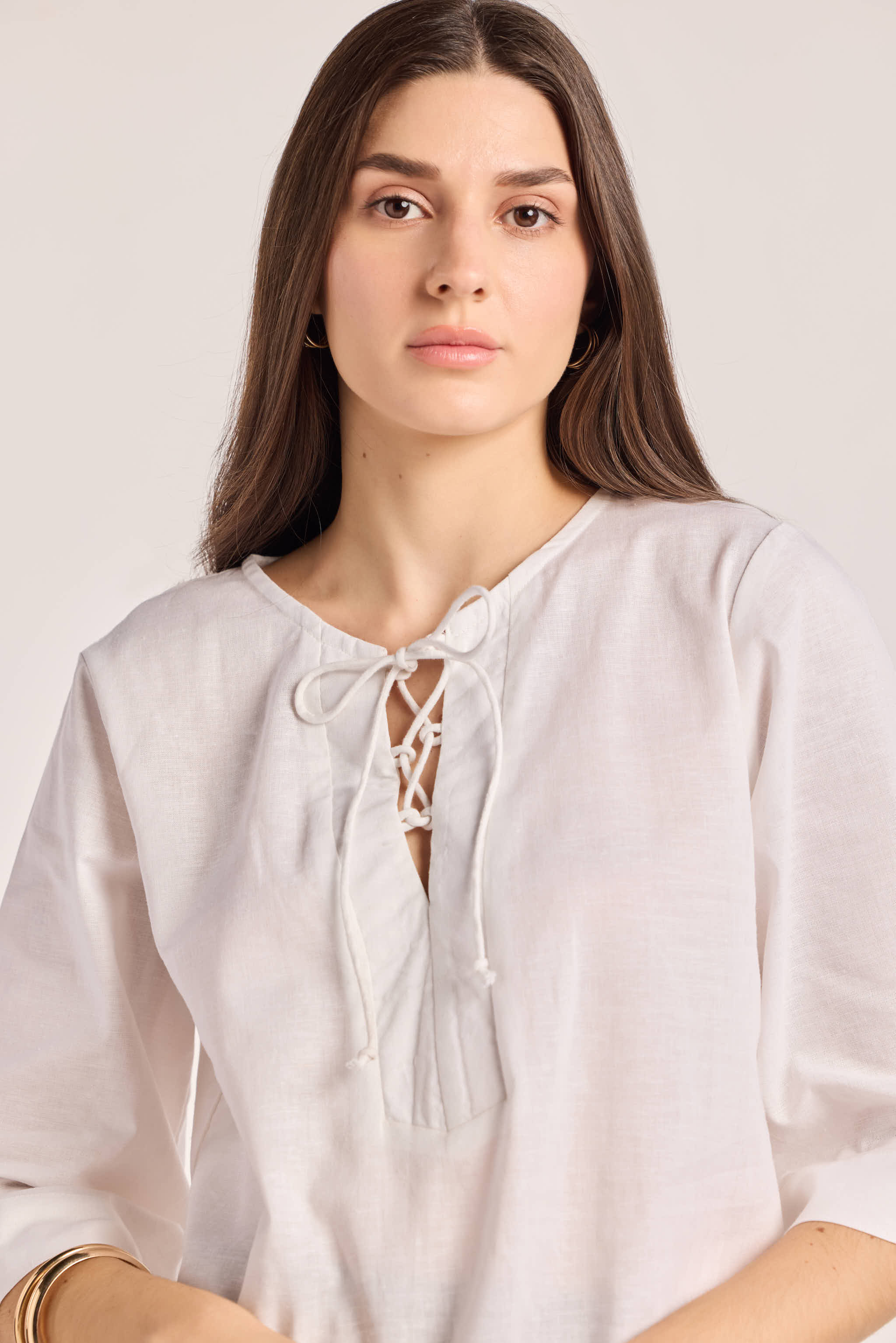 White Cotton Linen Drawstring Top