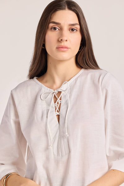White Cotton Linen Drawstring Top