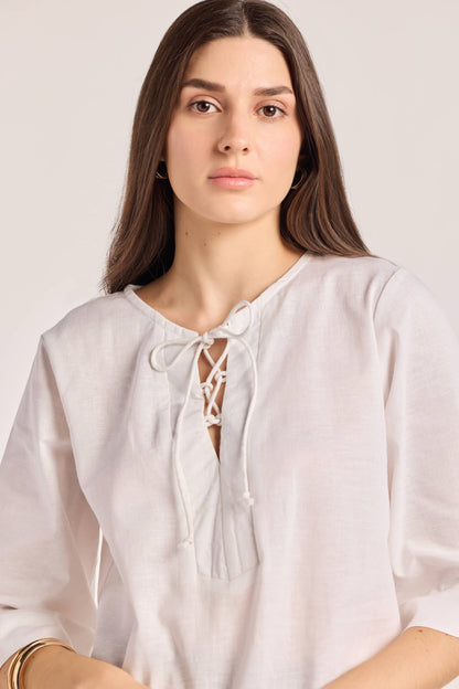 White Cotton Linen Drawstring Top