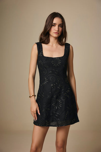 Black Cotton Linen Exbroidered Short Dress