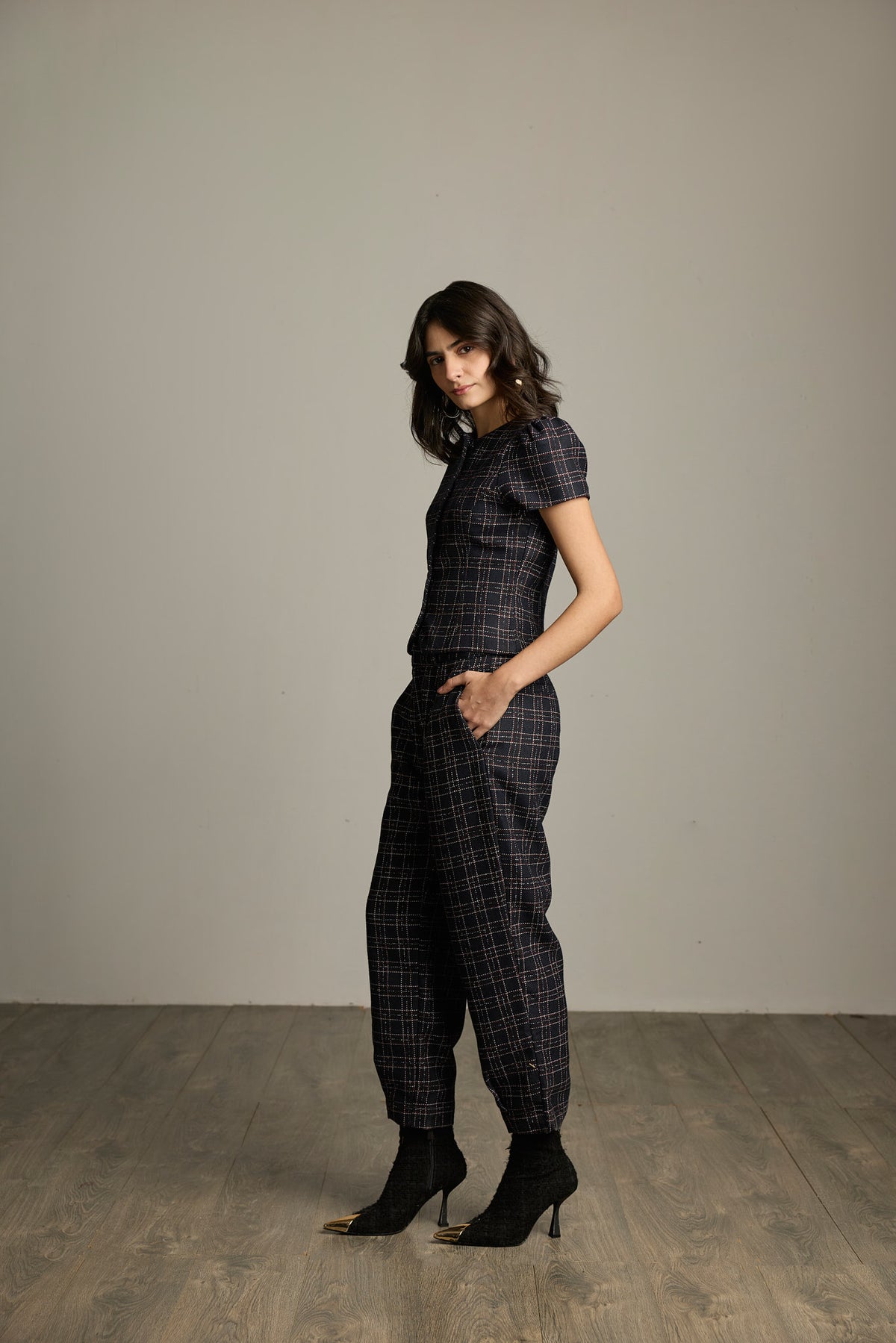 Blue & Black Checked Tweed Barrel-Leg Trousers