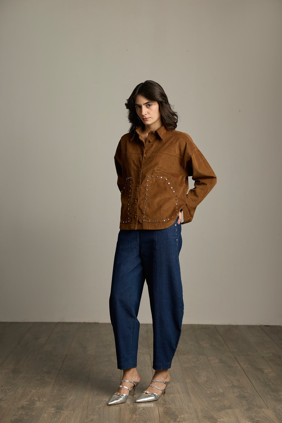 Brown Corduroy Studded Oversized Shacket