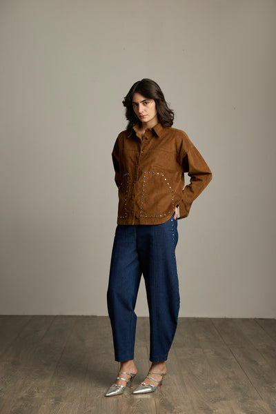 Brown Corduroy Studded Oversized Shacket