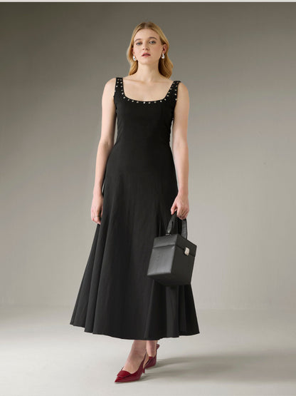 BLACK STUDDED COTTON BLEND MAXI DRESS