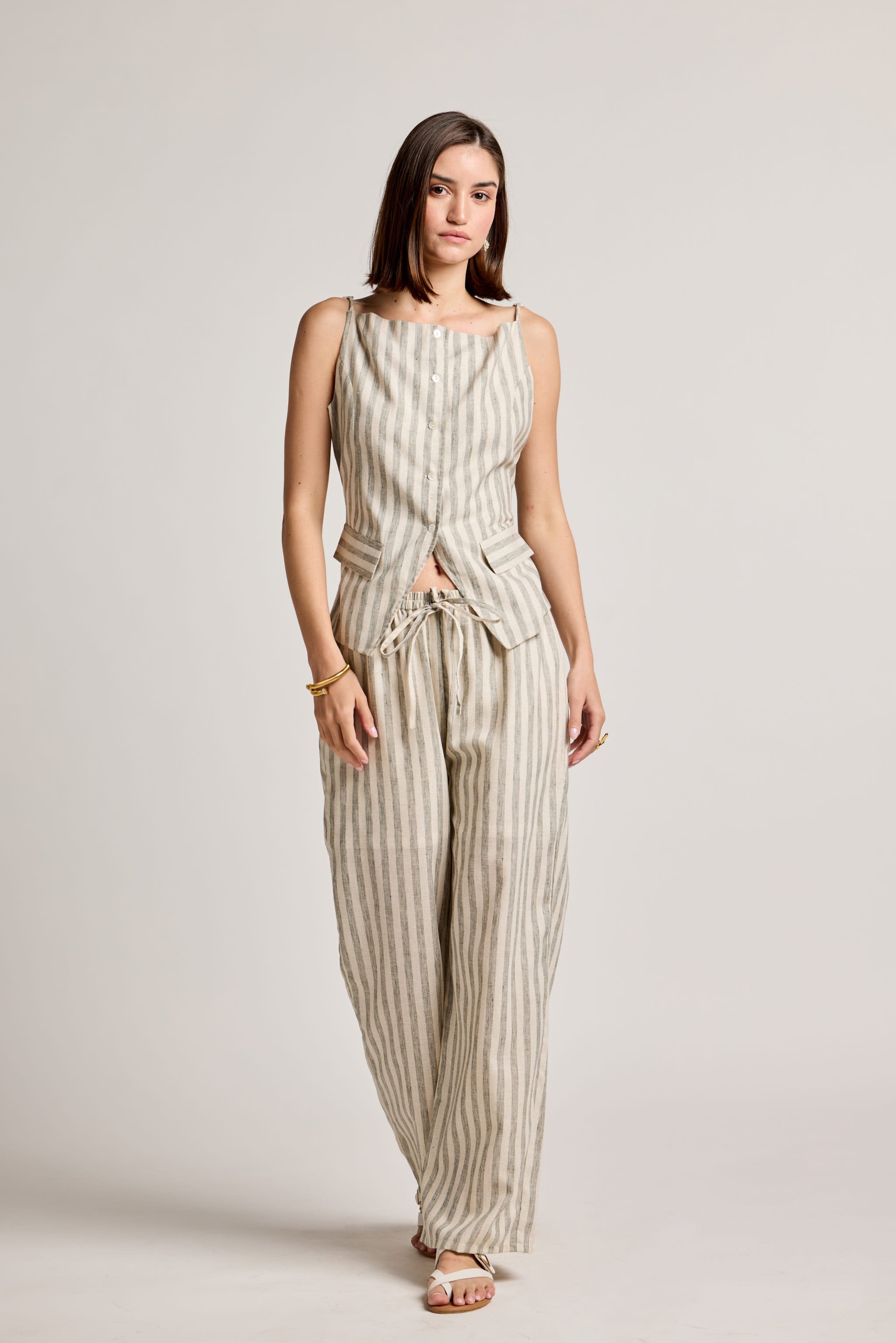 Green and White Striped Linen Waistcoat