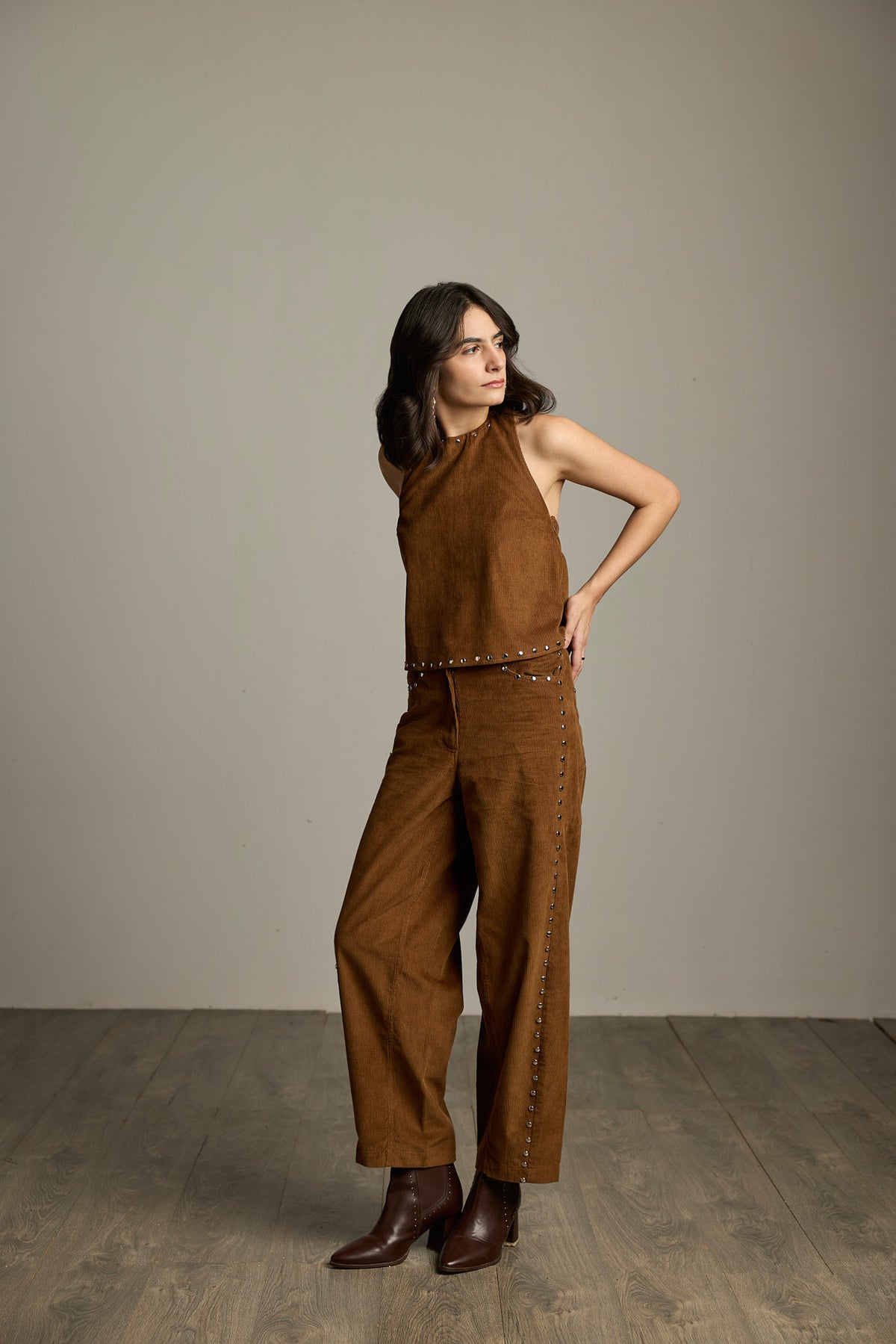 Brown Cotton Corduroy Studded Barrel-Leg Trousers