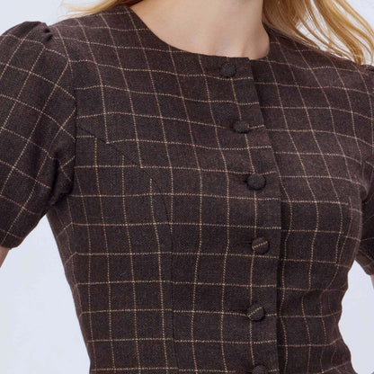 BROWN CHECKED WOOL TWEED TOP