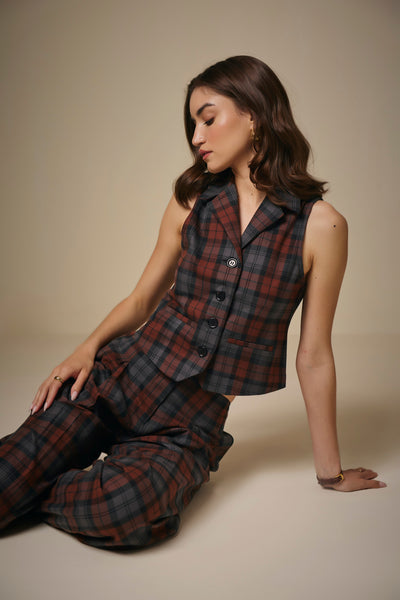 Brown and Blue Checked Cotton Balloon Leg Trousers