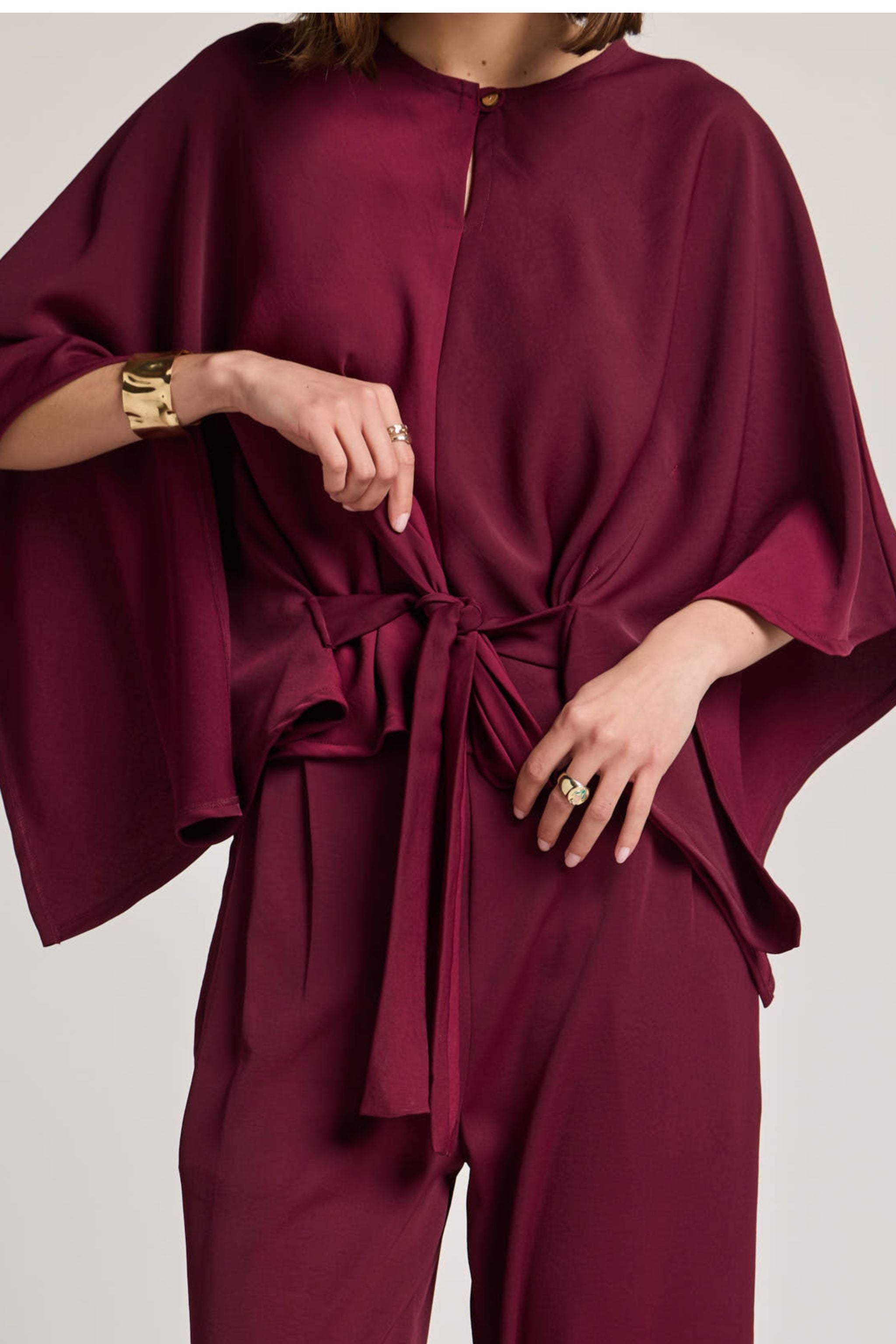 Maroon Tie-Waist Kimono Sleeve Top