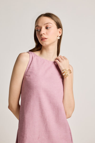 Blush Pink Cotton Linen Sleeveless U-Hem Dress