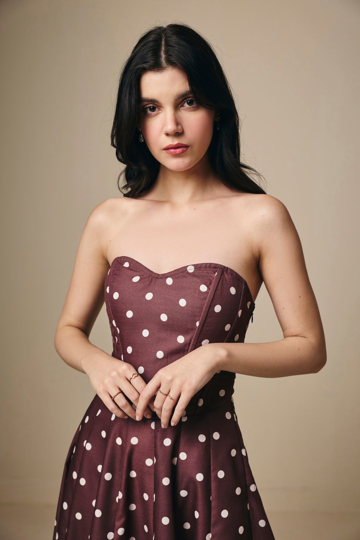Brown and White Polka Dot Cotton Corset Midi Dress
